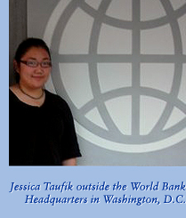 Jessica Taufik outside the World Bank Headquarters in Washington, D.C.