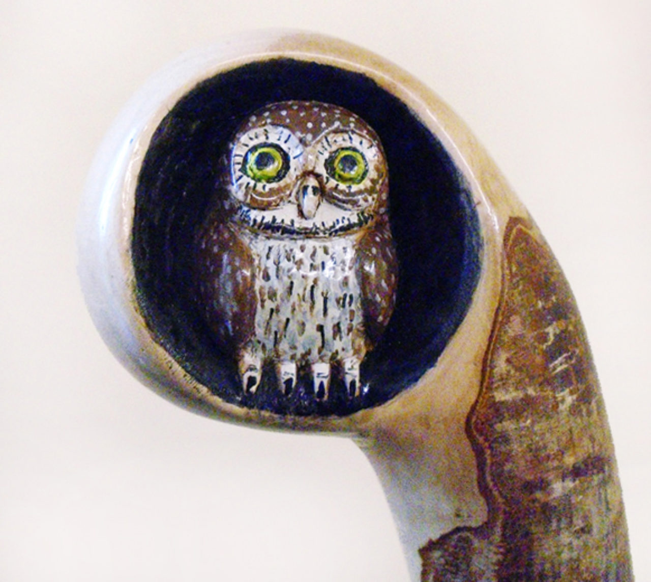 Robert Denton’s handmade walking sticks are legendary for their craftsmanship. He takes extreme care with each element of design, as seen in this owl topper.