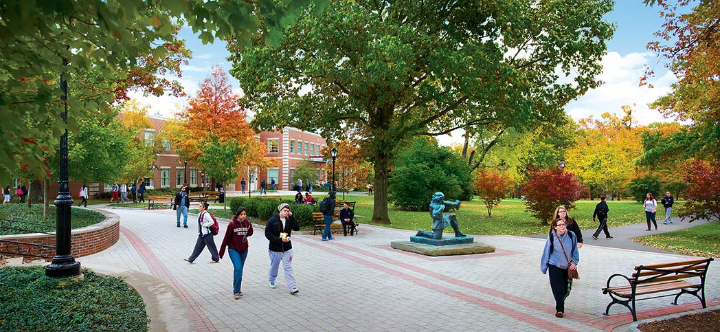 students walking around florham's campus