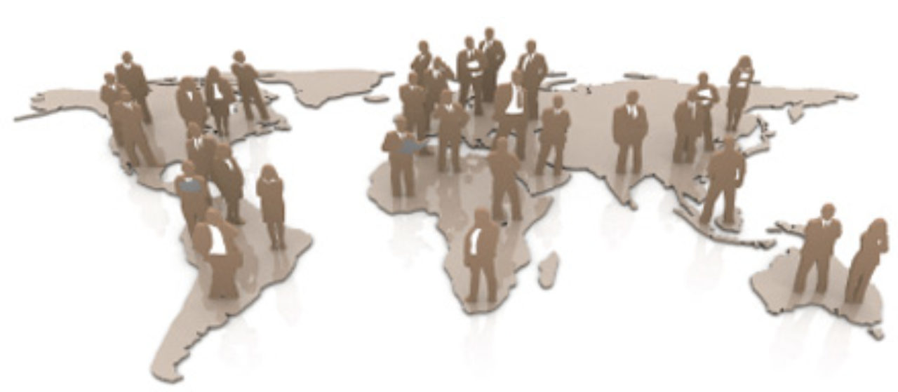 a map of the world with people standing on it