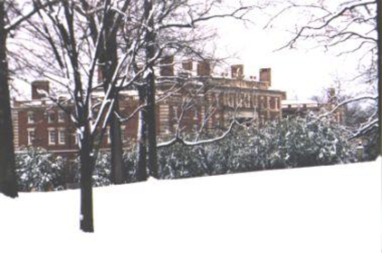 the mansion building in the snow