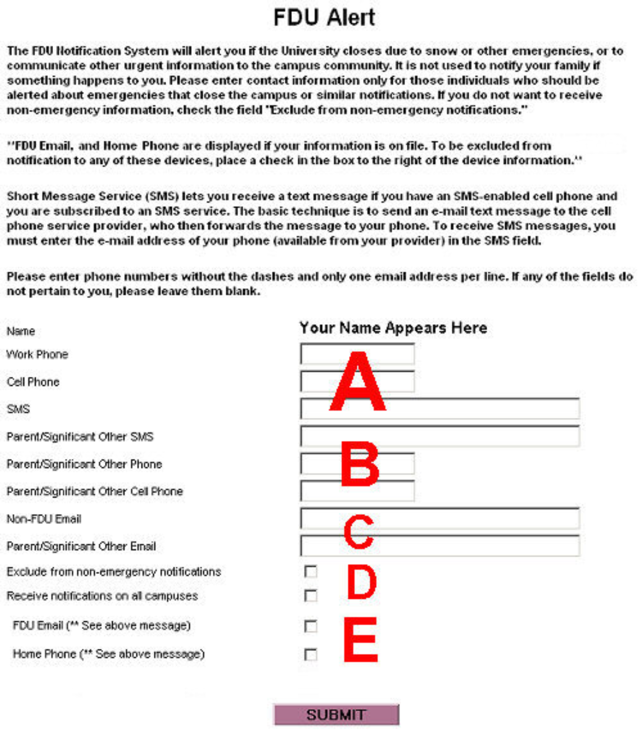 FDU notification system contact form