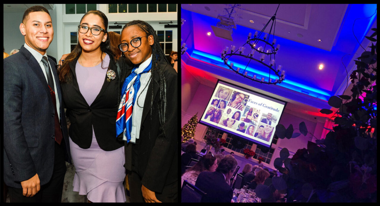 Left: Big smiles from Metropolitan Campus alumnus Gabriel Tavarez and students Nina Marie Disla and Natalia Toby. Right: Scenes from the ballroom.