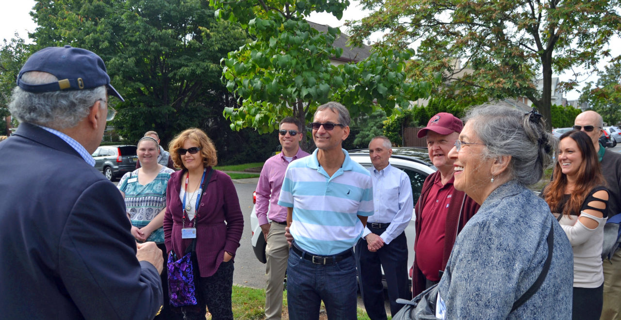 Adjunct professor Eli Amdur leads a tour at FDU’s former Rutherford Campus.