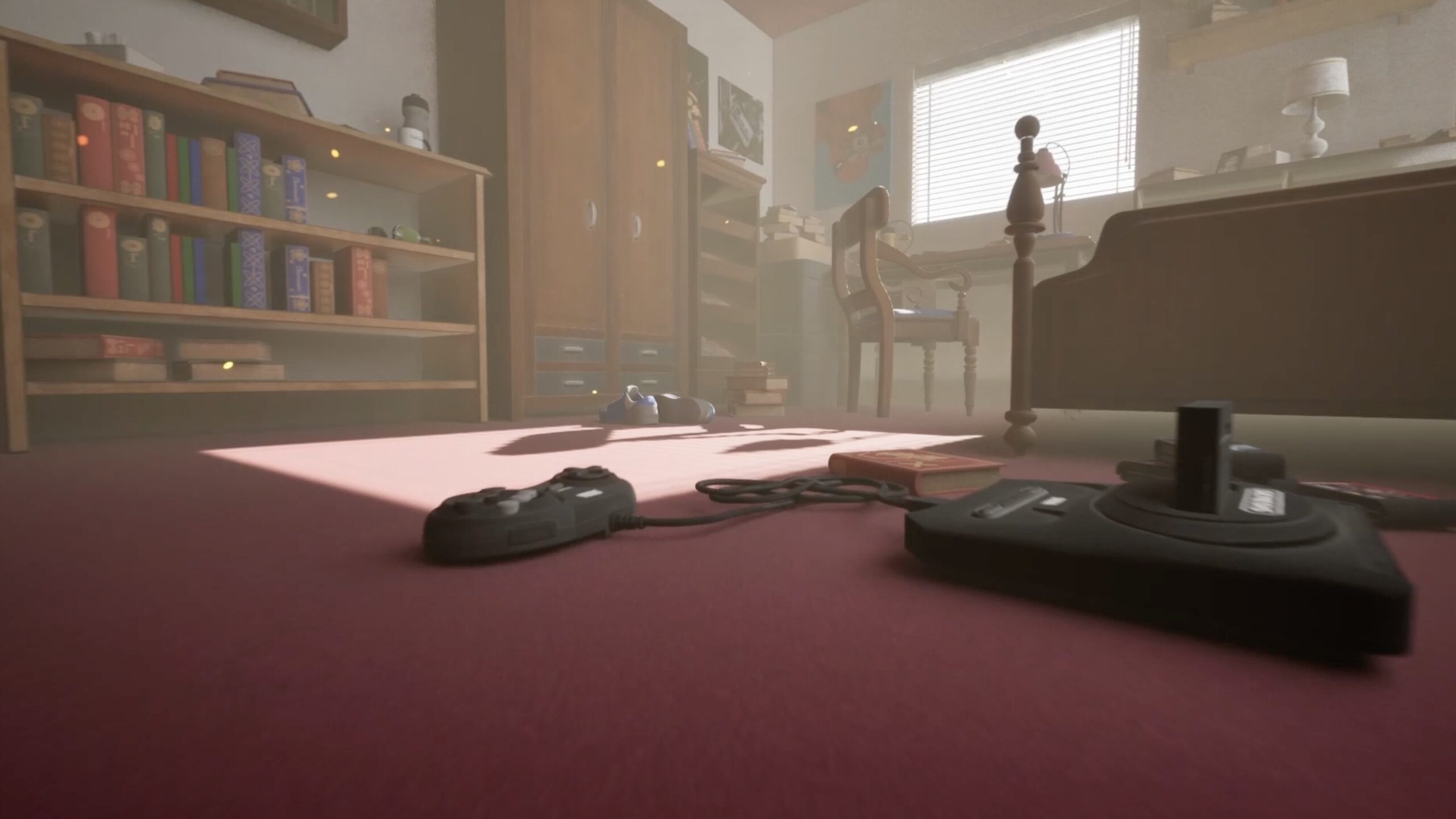 Still from Kousik Chimatapu's animation showing a room interior with bookshelves and a joystick on the floor.