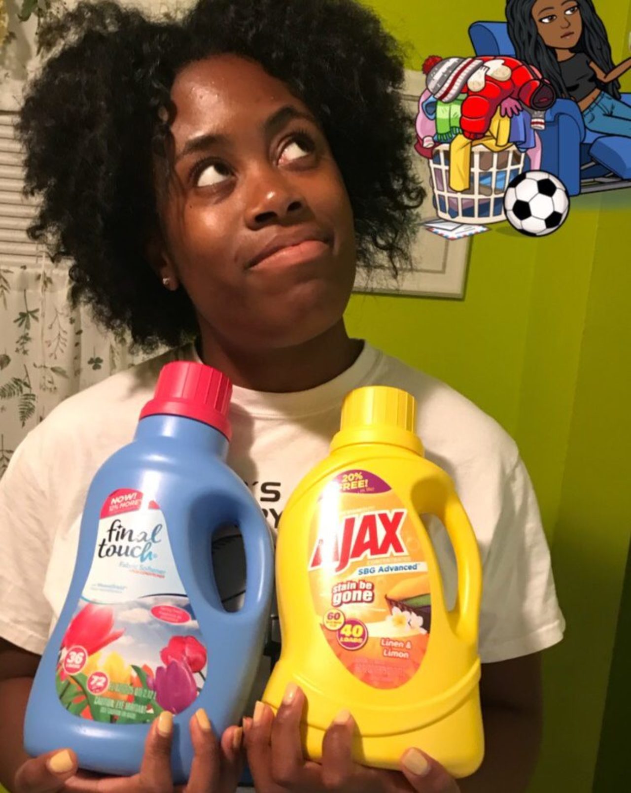 Student poses with laundry detergent