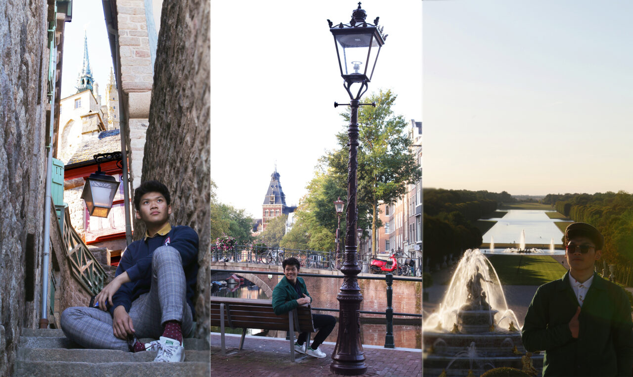 Truong in Mont Saint Michel, France (left), Amsterdam, Netherlands (middle) and at the Gardens of Versailles in France (right).