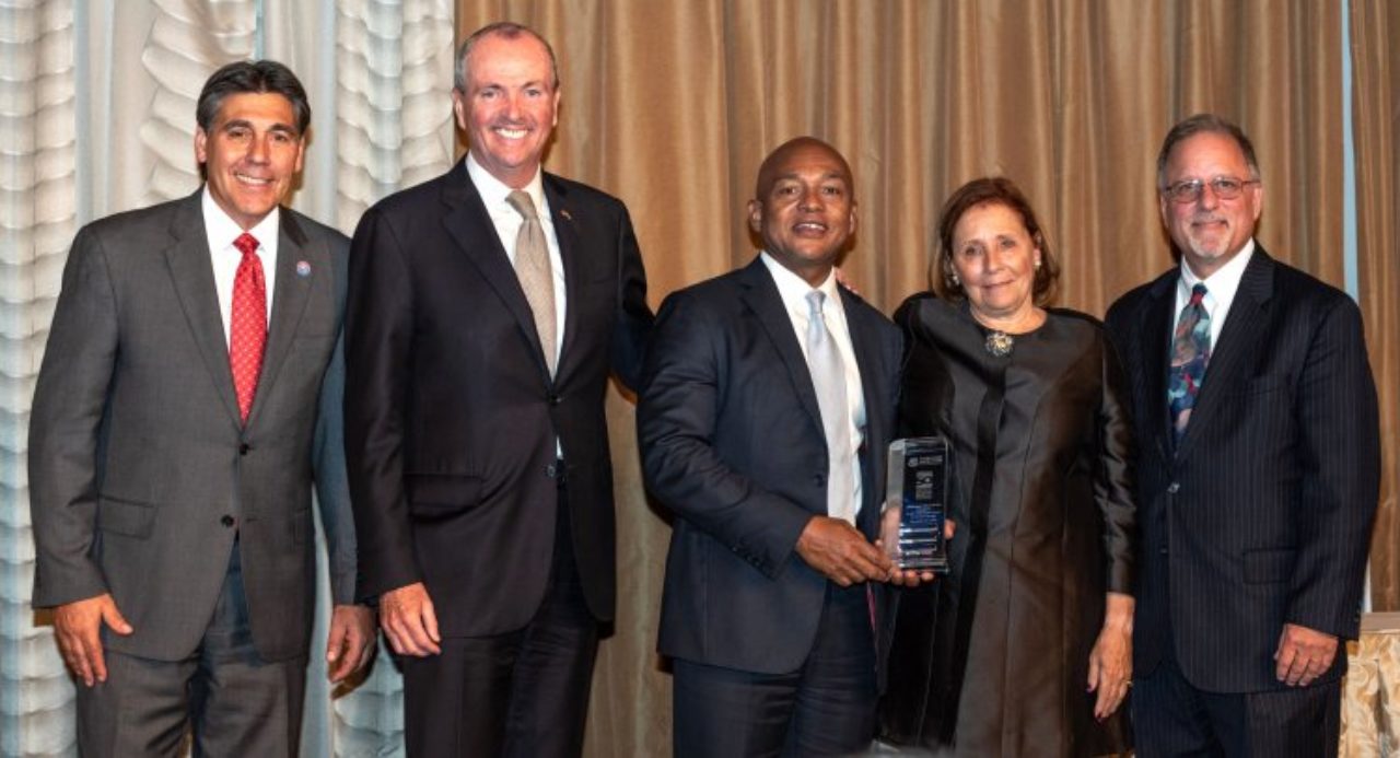 From left to right: FDU President Christopher Capuano; New Jersey Governor Phil Murphy; alumnus Lester Owens; Jayne Silberman; and Andrew Rosman, dean of Silberman College.