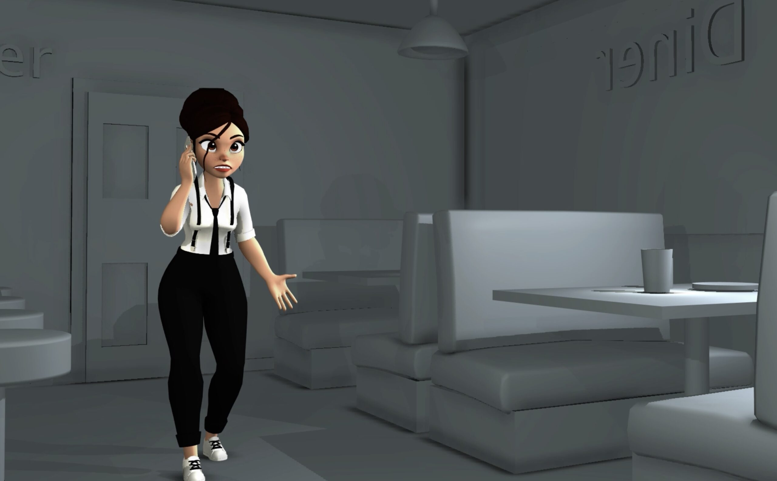 A 3D animated character in a diner setting, holding a phone to her ear.