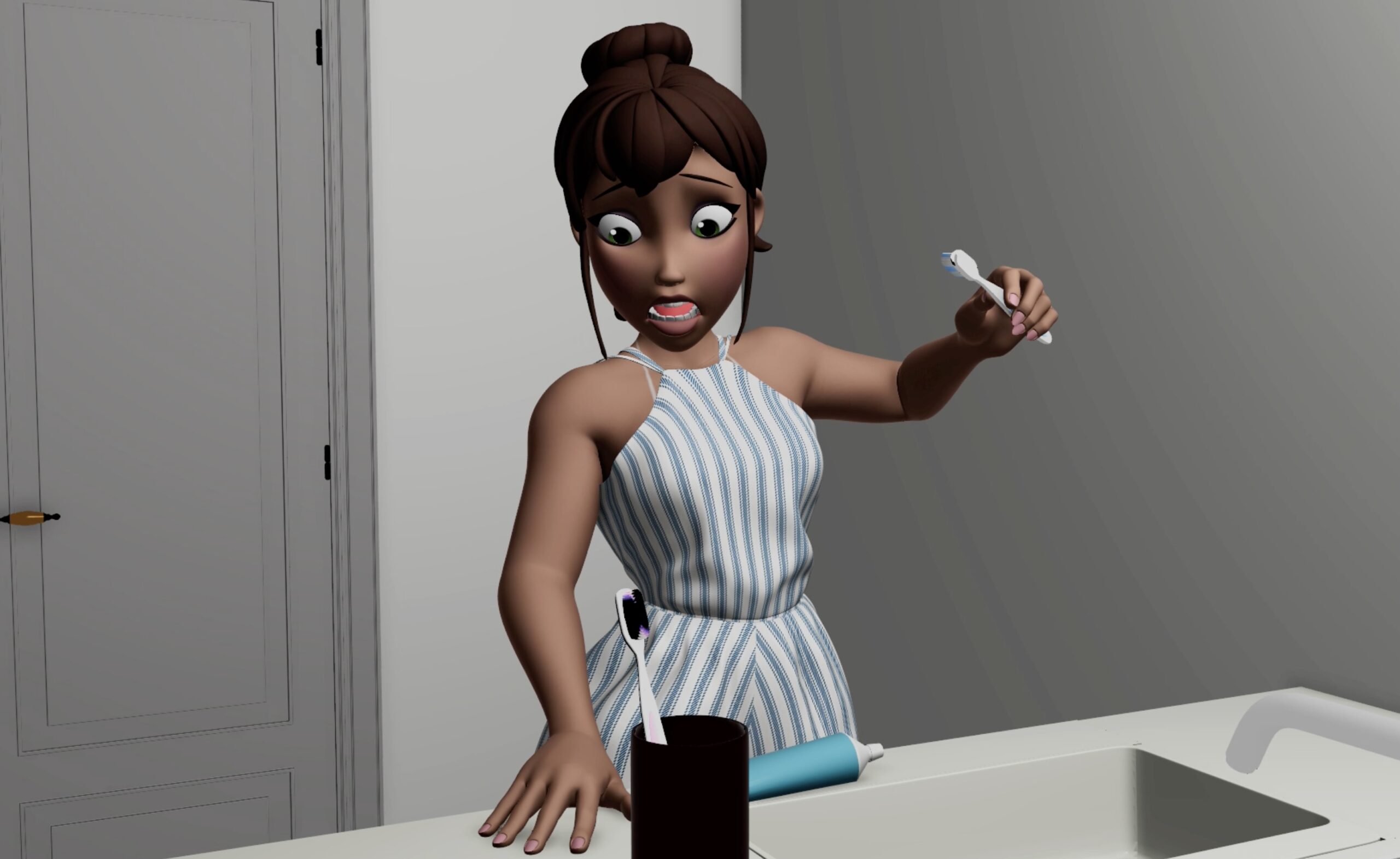 Animated character looks surprised while holding a toothbrush.
