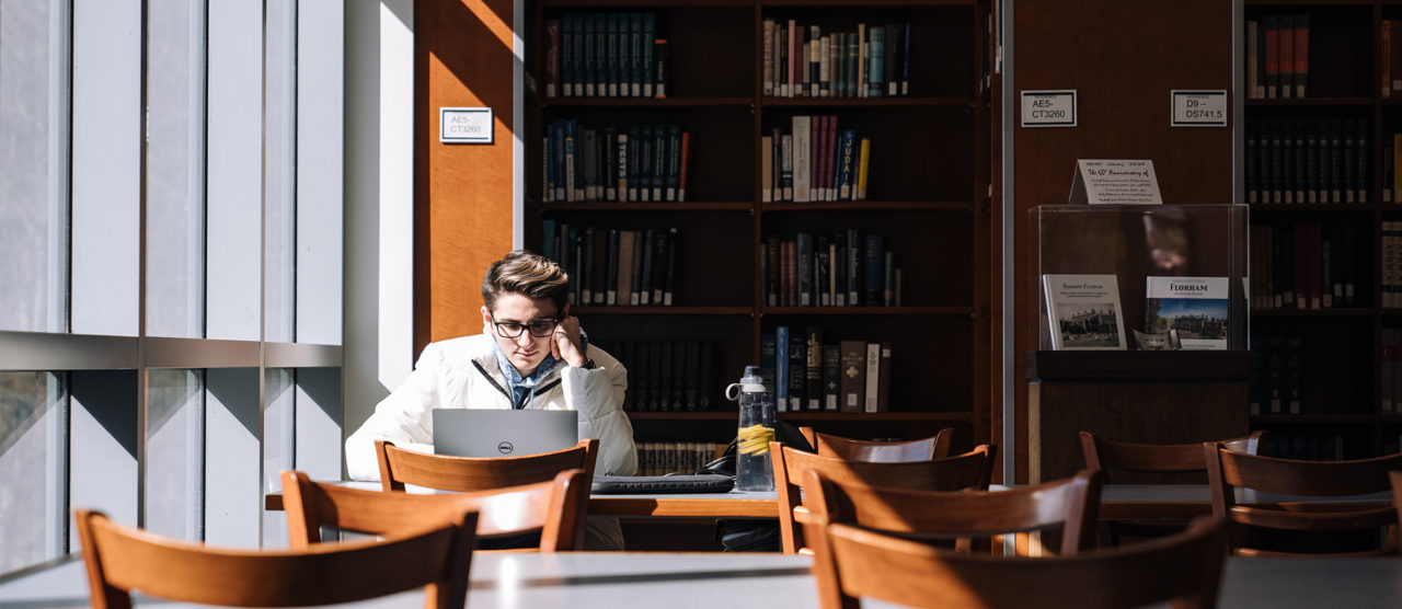 A student studies in the library.