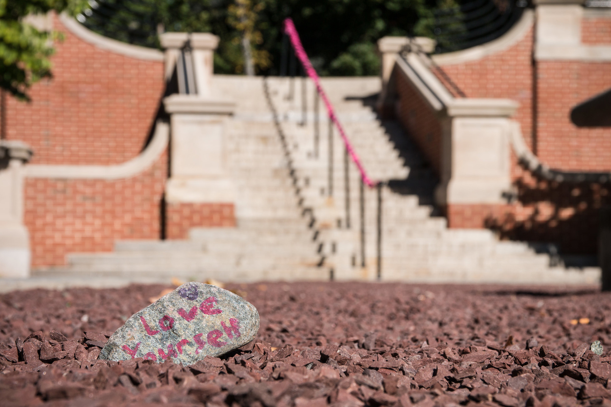 In the foreground, there are words reading "love yourself" written on a gray rock. The rock is resting on gravel and outside stairs snake up behind this area on the Florham Campus.