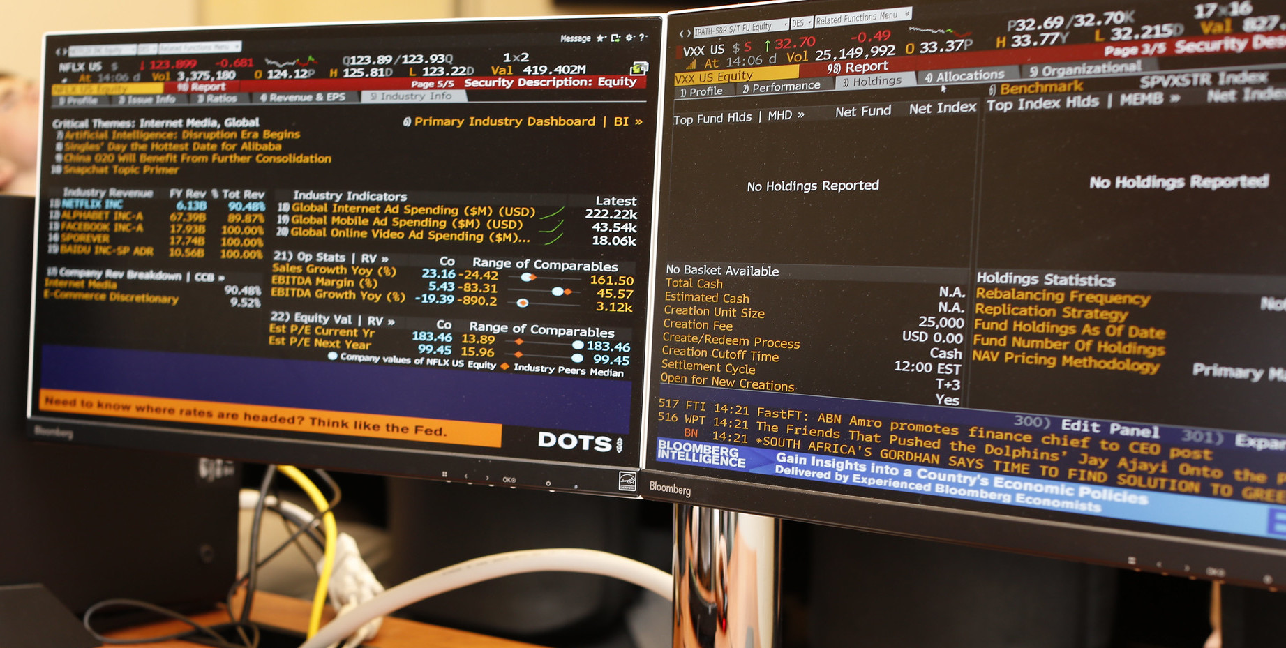 Computer screens show business and stock information.