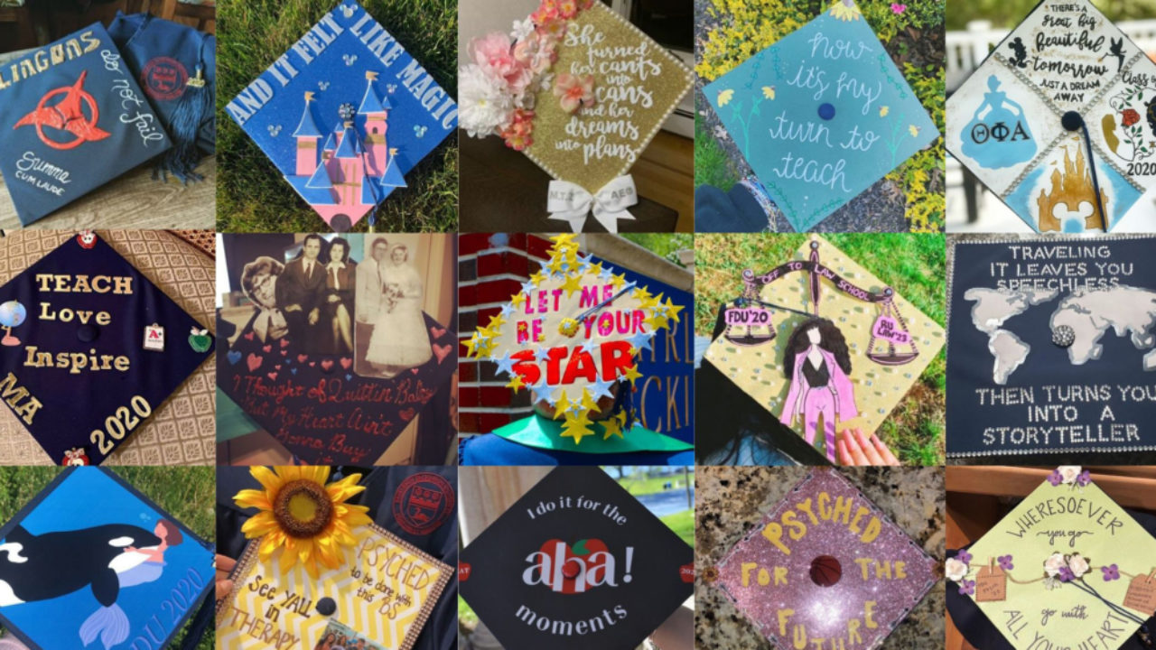 A collage of decorated and colorful graduation caps.