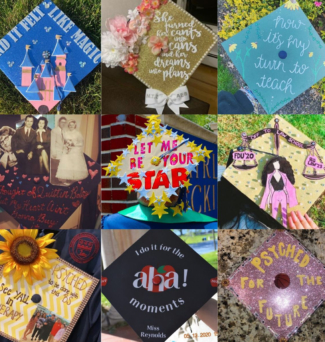 A collage of decorated and colorful graduation caps.