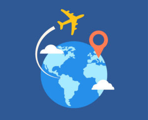 An illustration shows a globe and plane, with a generic destination highlighted, to signal world travel.