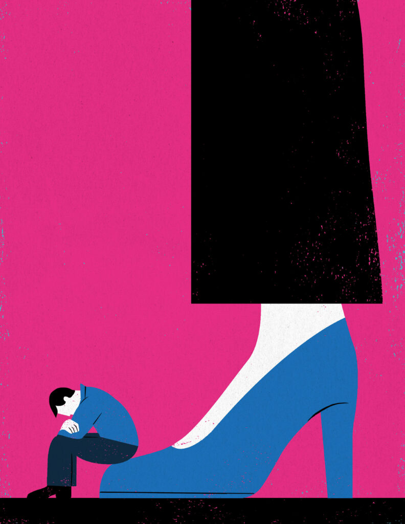 An illustration of a man sitting on tip of a woman's high heel shoe.