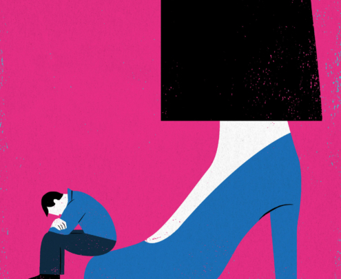 An illustration of a man sitting on tip of a woman's high heel shoe.