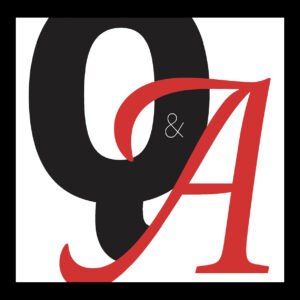 A typographical illustration of a bold black Q and a red A, representing the words question and answer. 