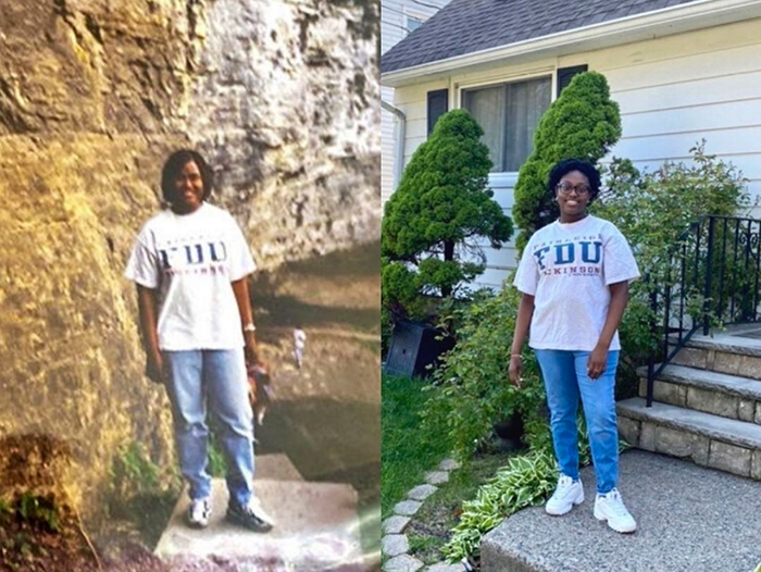 Zoe Williams, at right, and Alecia Reid-Williams, at left, wear the same FDU t-shirt decades apart. (Photos: Courtesy of Zoe Williams)