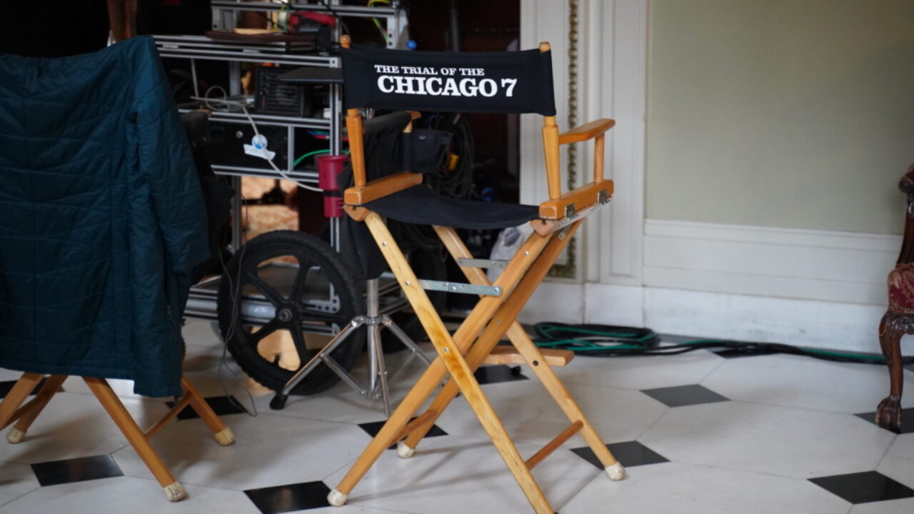 Director chair reads "Trial of the Chicago 7"