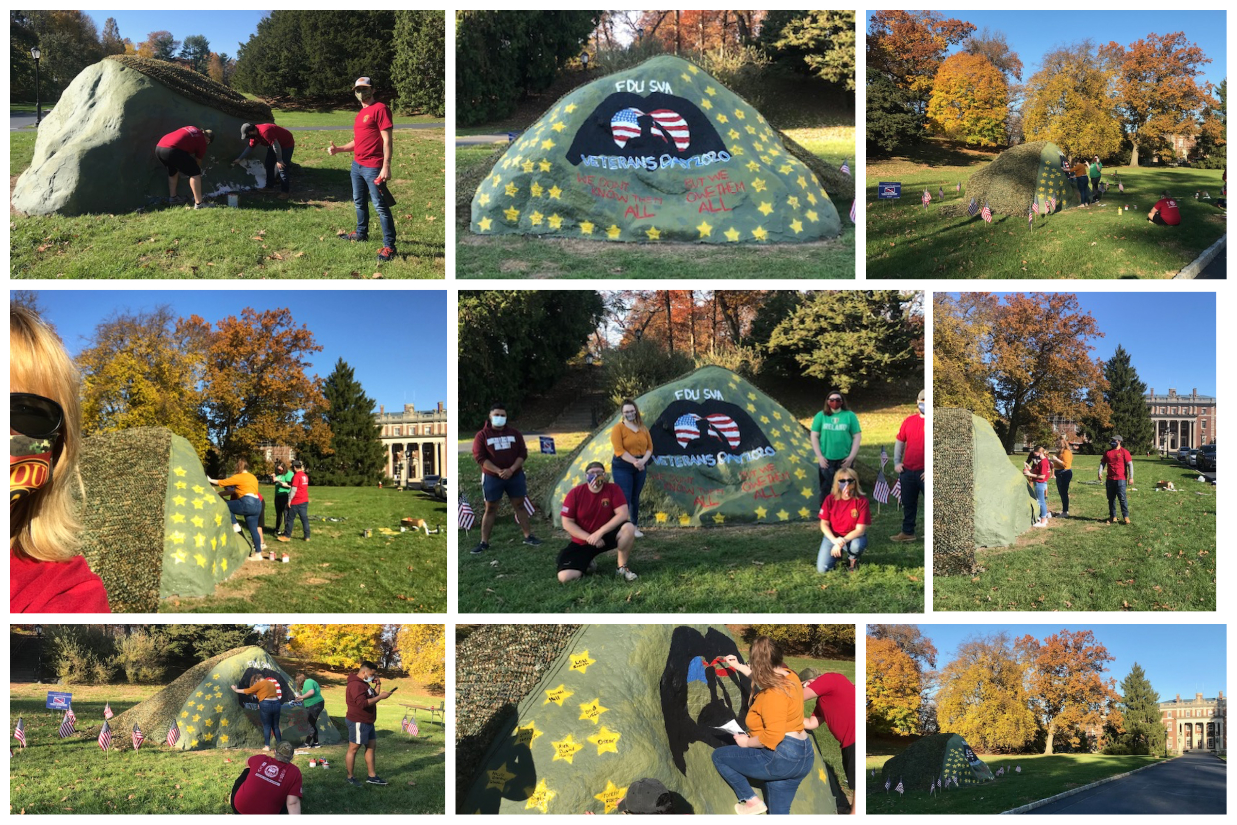 A photo collage feature student veterans painting Reuter's Rock in honor of Veterans Day.
