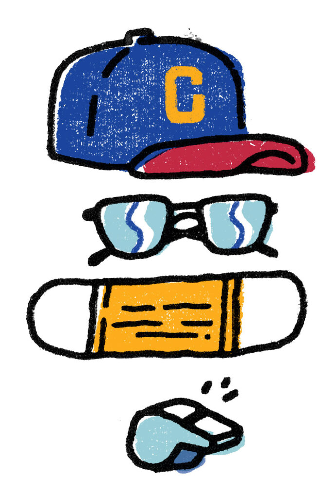 Illustration of a baseball cap, sunglasses, face mask and whistle.