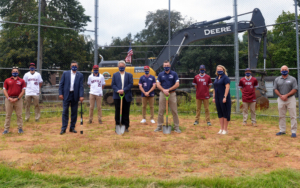 Members of the FDU Devils baseball team join University President Capuano, VP for Facilities & Auxiliary Services Dick Frick, head baseball coach Jamie Quinn, Director of Athletics Jenn Noon at the Naimoli Field groundbreaking at FDU's Florham Campus.