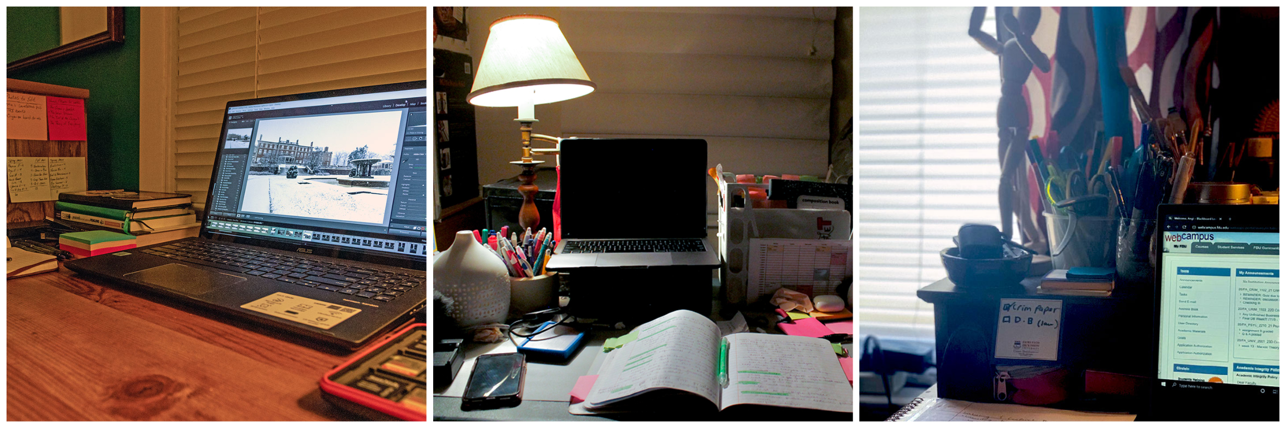 A trio of photos showing messy student desks, strewn with notebooks, laptops and other study materials.