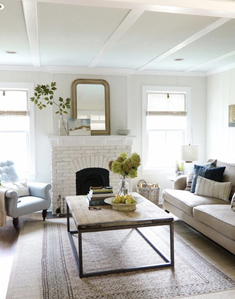 A design decor photo of a living room with a fireplace.