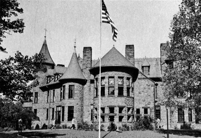 A black and white photos of the castle on the Rutherford Campus.