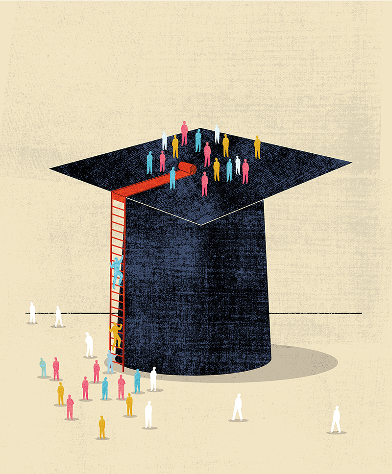 People climbing a graduation cap, illustration