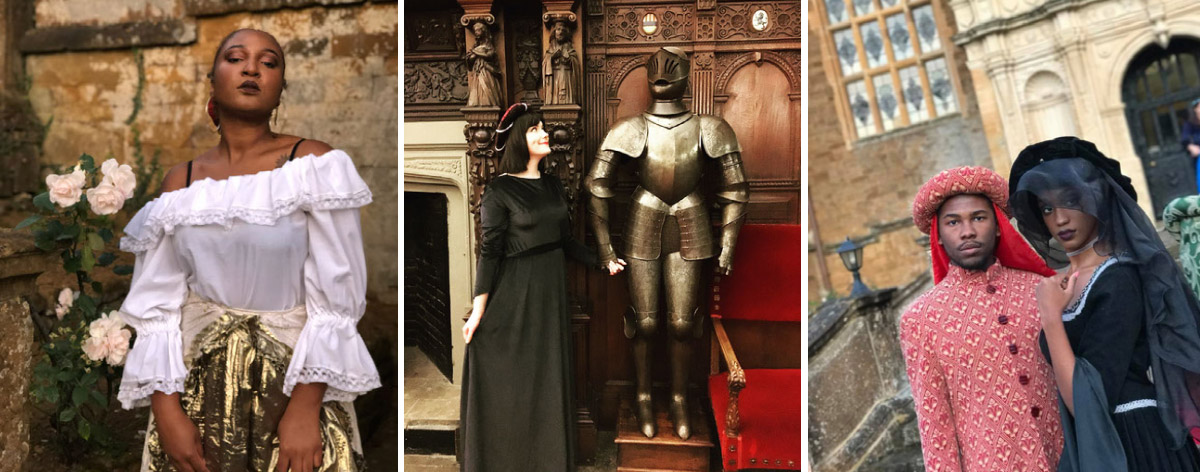 A collage of three photos show students dressed in medieval costumes for a banquet.