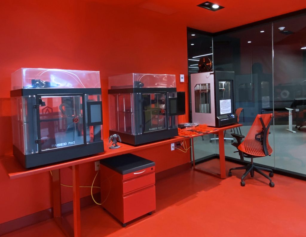 A close up view of the two new 3D printers in the animation lab.