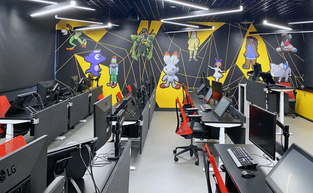 A wide-angle view of the new student workstations and full animation lab classroom.