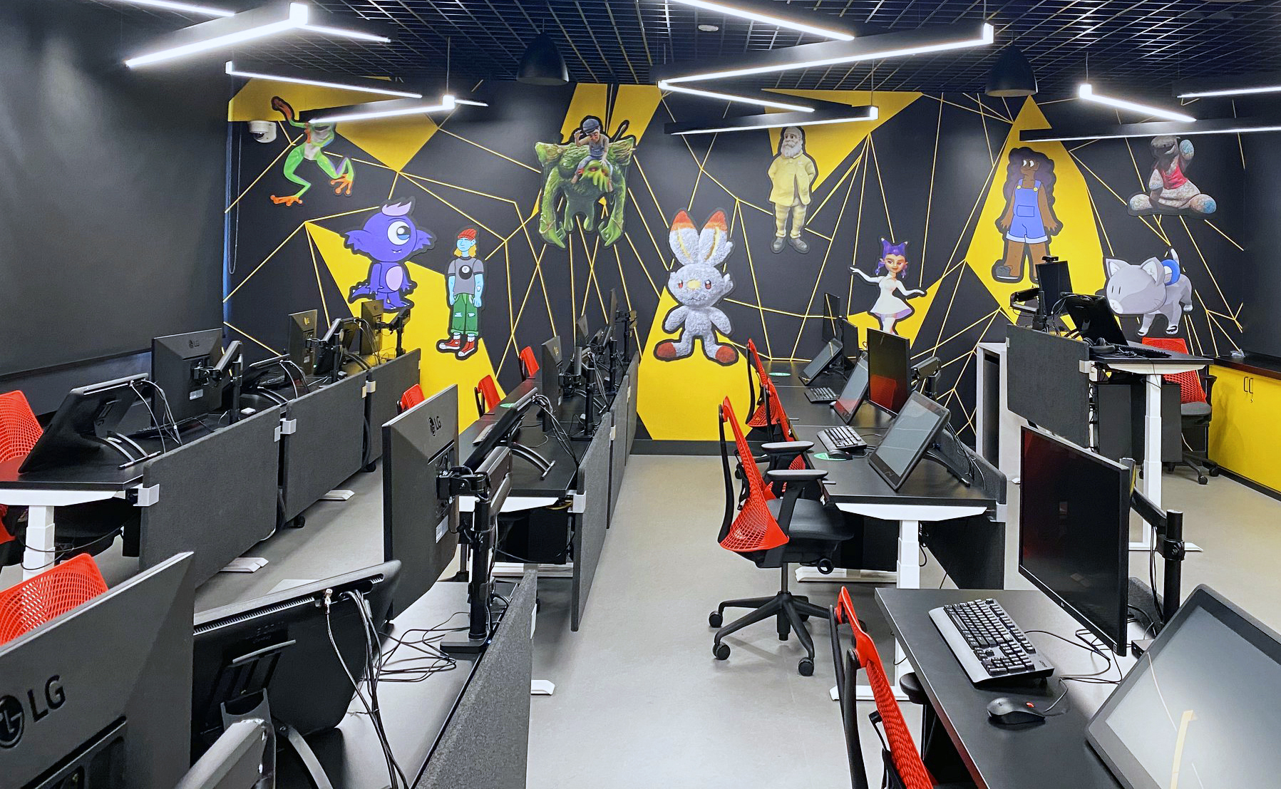 A wide-angle view of the new student workstations and full animation lab classroom.