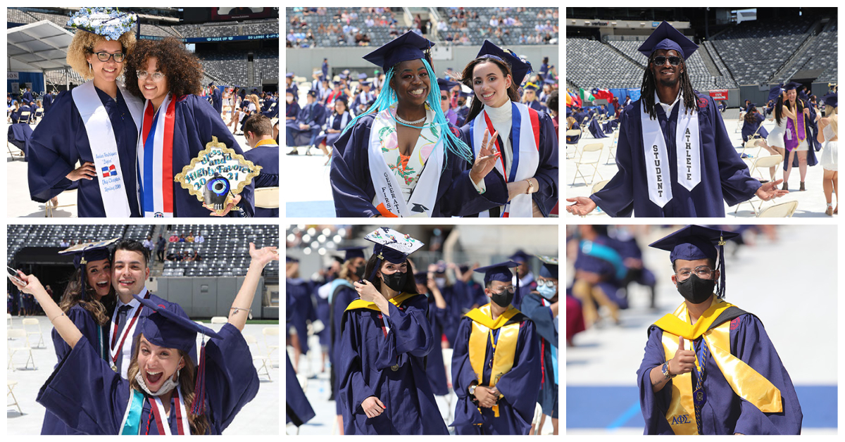 A collage of six photos shows smiling graduates.