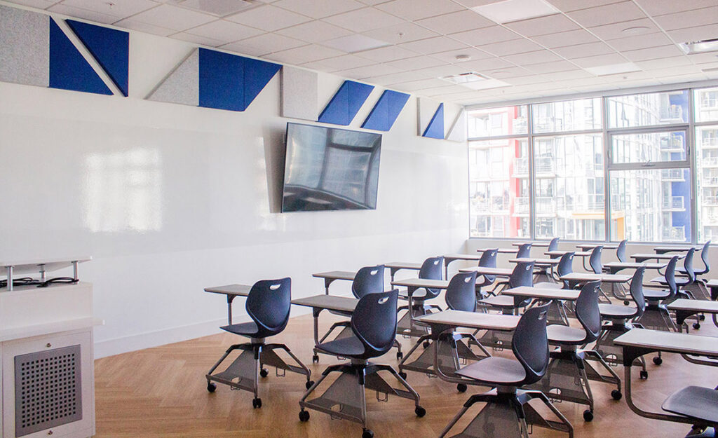 A modern and sunlit classroom.