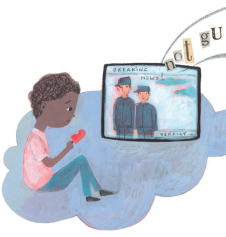 An illustration of a poem shows a young boy holding a popsicle and watching TV.