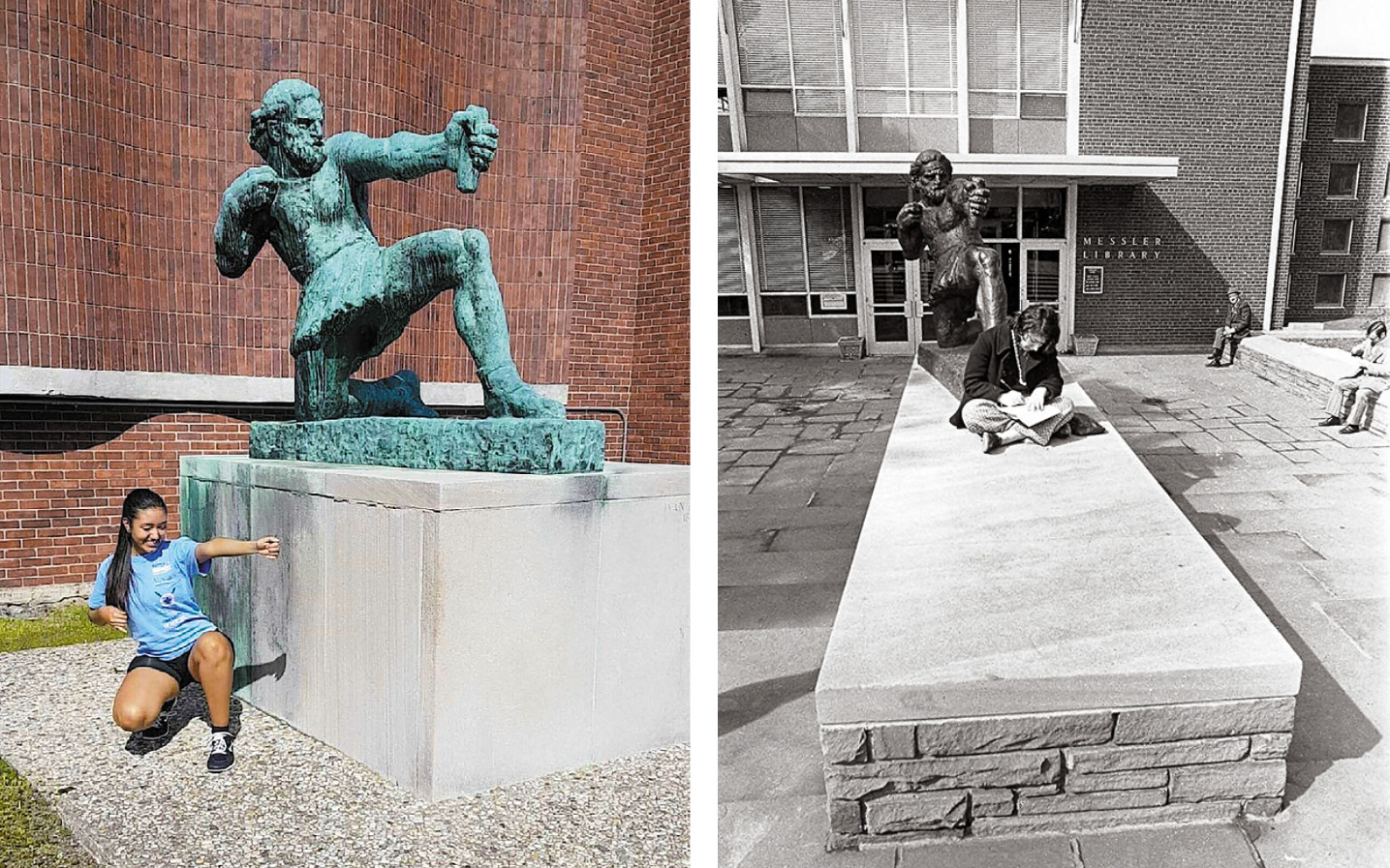 Two photos, side by side: on the left, a young woman mimics the pose of the Ulysses statue, arching back. On the right, a young woman sits reading in front of the Ulysses statue.