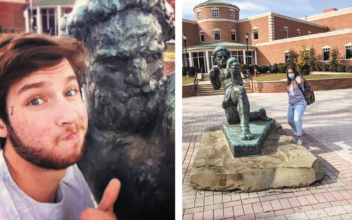 Two photos: on the left, a young man snags a selfie with the Ulysses statue. On the right, a young woman wearing a mask poses next to the Ulysses statue.