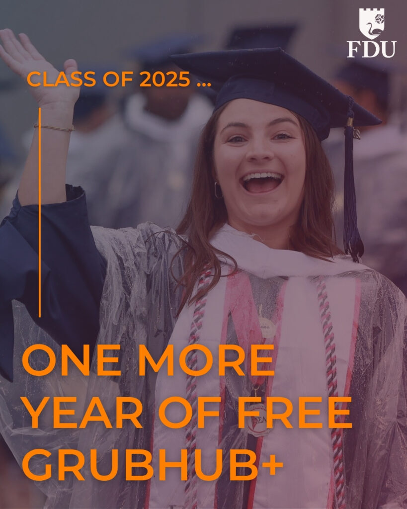 a graduating student smiles and waves at the camera. graphic reads "class of 2025 ... one more year of free grubhub plus."