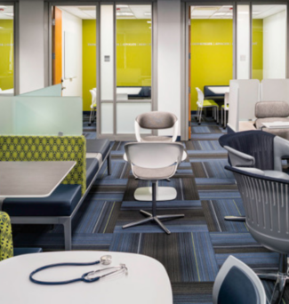A study lounge, with a stethoscope on a table.