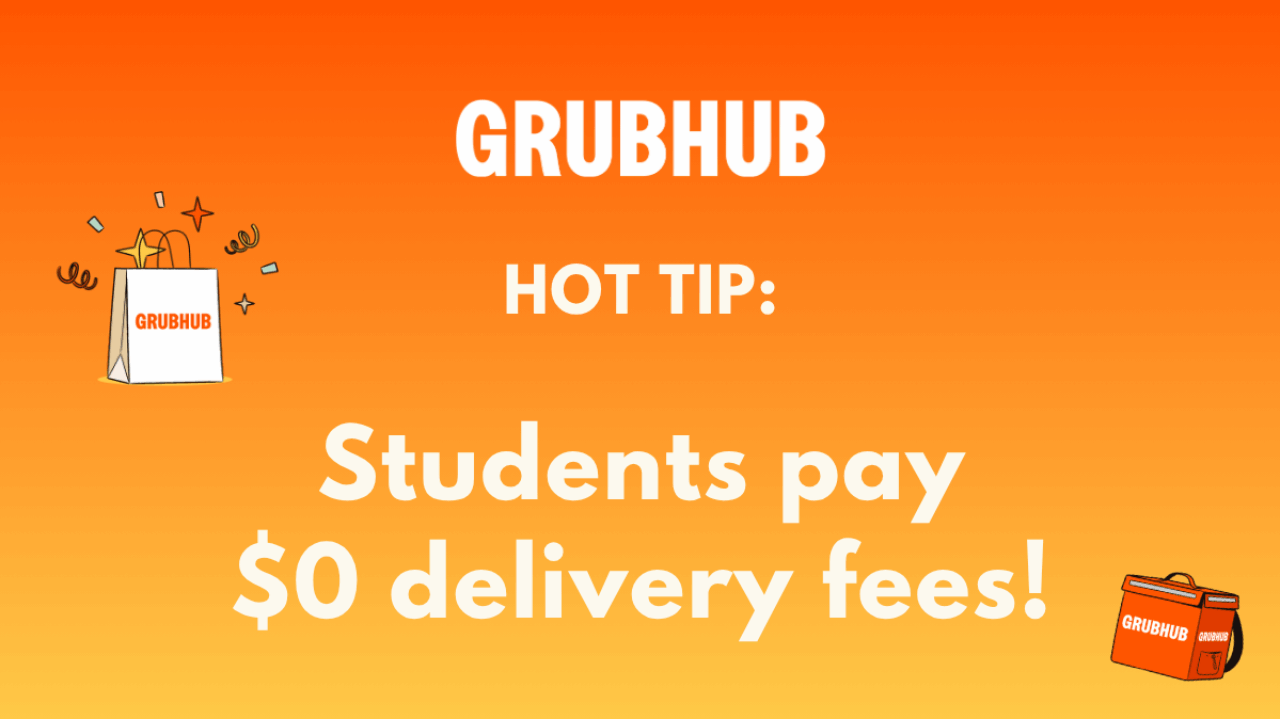 graphic reads "hot tip: students pay $0 delivery fees!" graphic depicts a grubhub delivery bag and a grubhub motorbike.