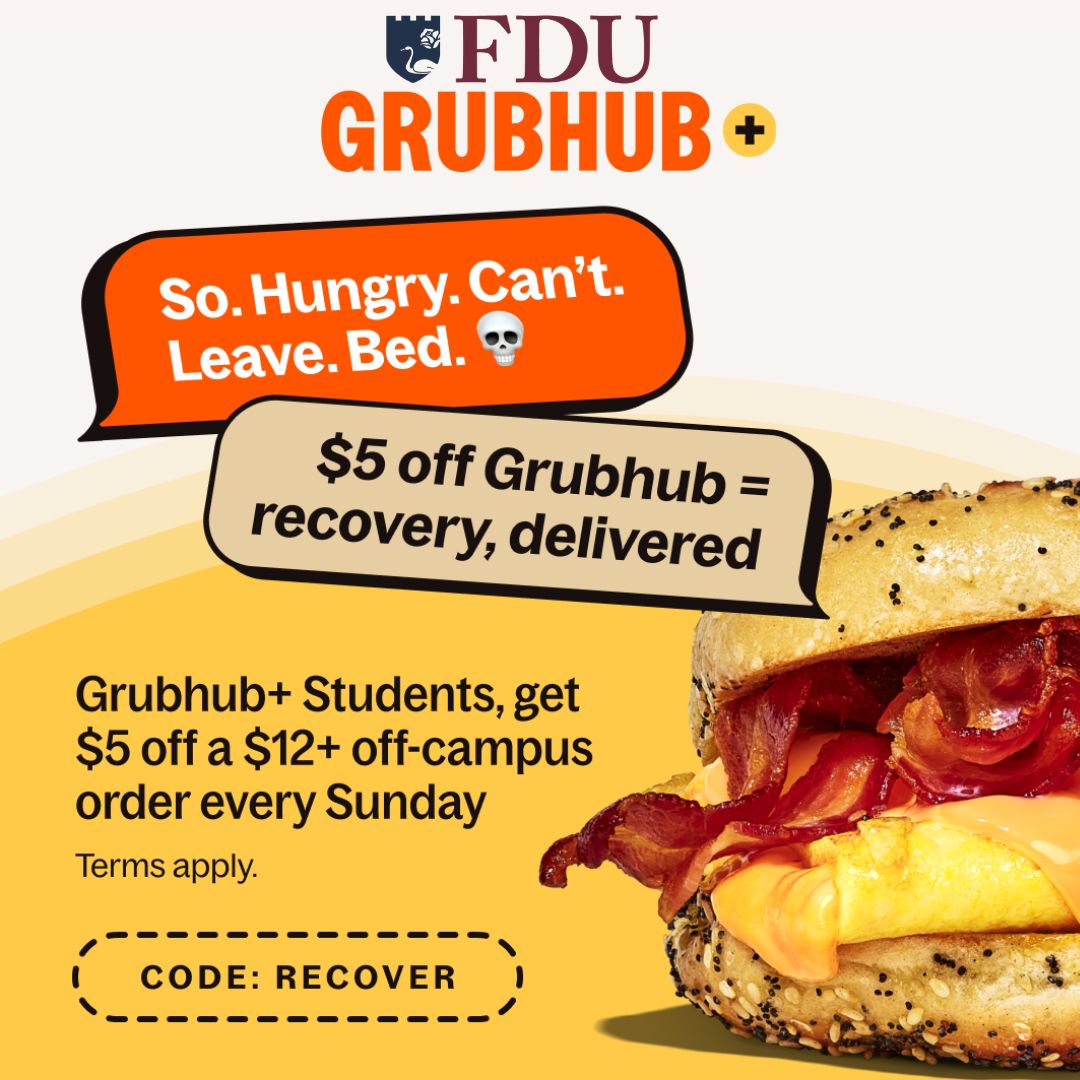 graphic depicts a Grubhub Plus Students discount. there is an image of a bacon, egg and cheese sandwich.