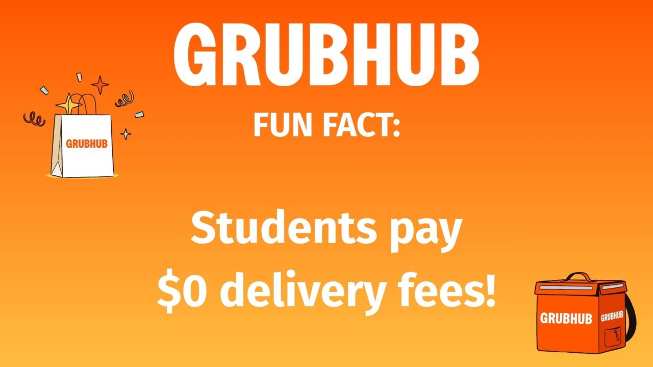 graphic reads "fun fact: students pay $0 delivery fees!" graphic depicts a grubhub delivery bag and a grubhub motorbike.