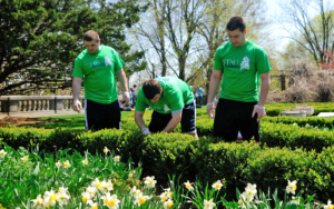 A group of students clean up a garden on campus.