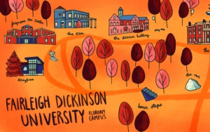 An illustration of the Florham Campus with trees and buildings