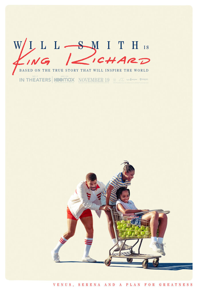A movie poster that depicts Richard Williams pushing a young Venus and Serena Williams in a shopping cart full of tennis balls.