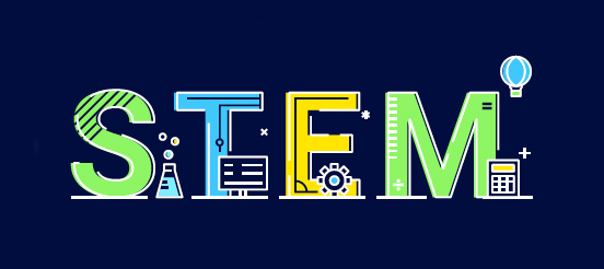 Letters that spell STEM, with small icons that correspond to science, technology, engineering and math.